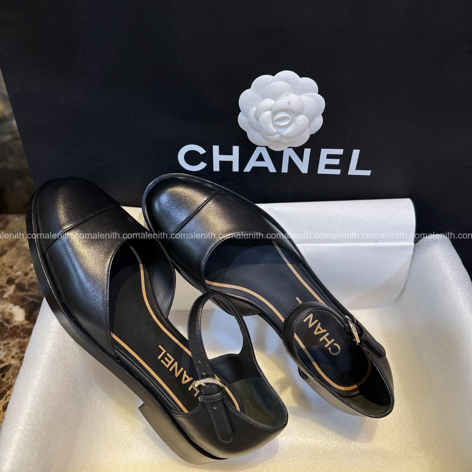 Chanel 23P Black and Gold Mary Jane Lace-Up Shoes